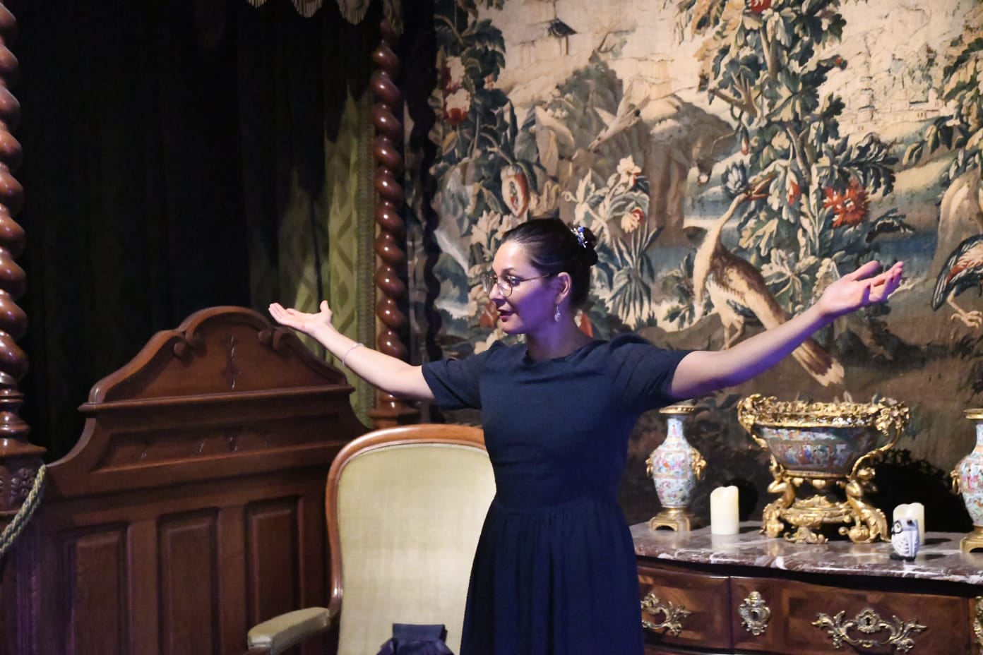 Aurélie contant dans un salon de château